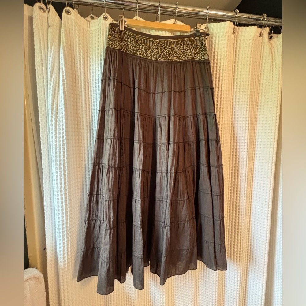 Chico's Brown Tiered Maxi Skirt with Embroidered Waist